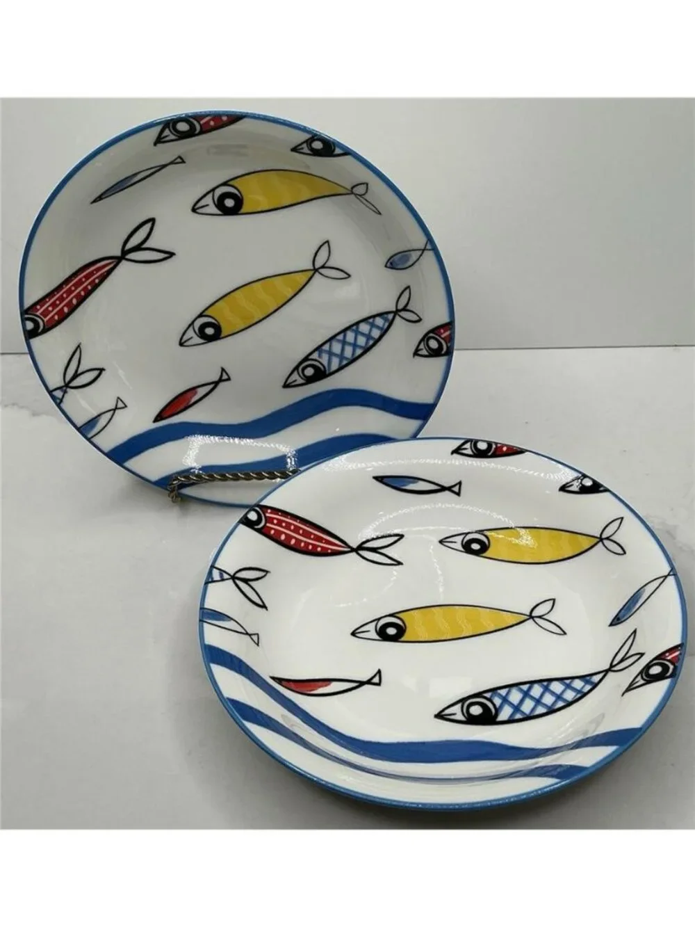 2 Signature Housewares Cat Bowl Fish School 6” Stoneware Blue Yellow Red New